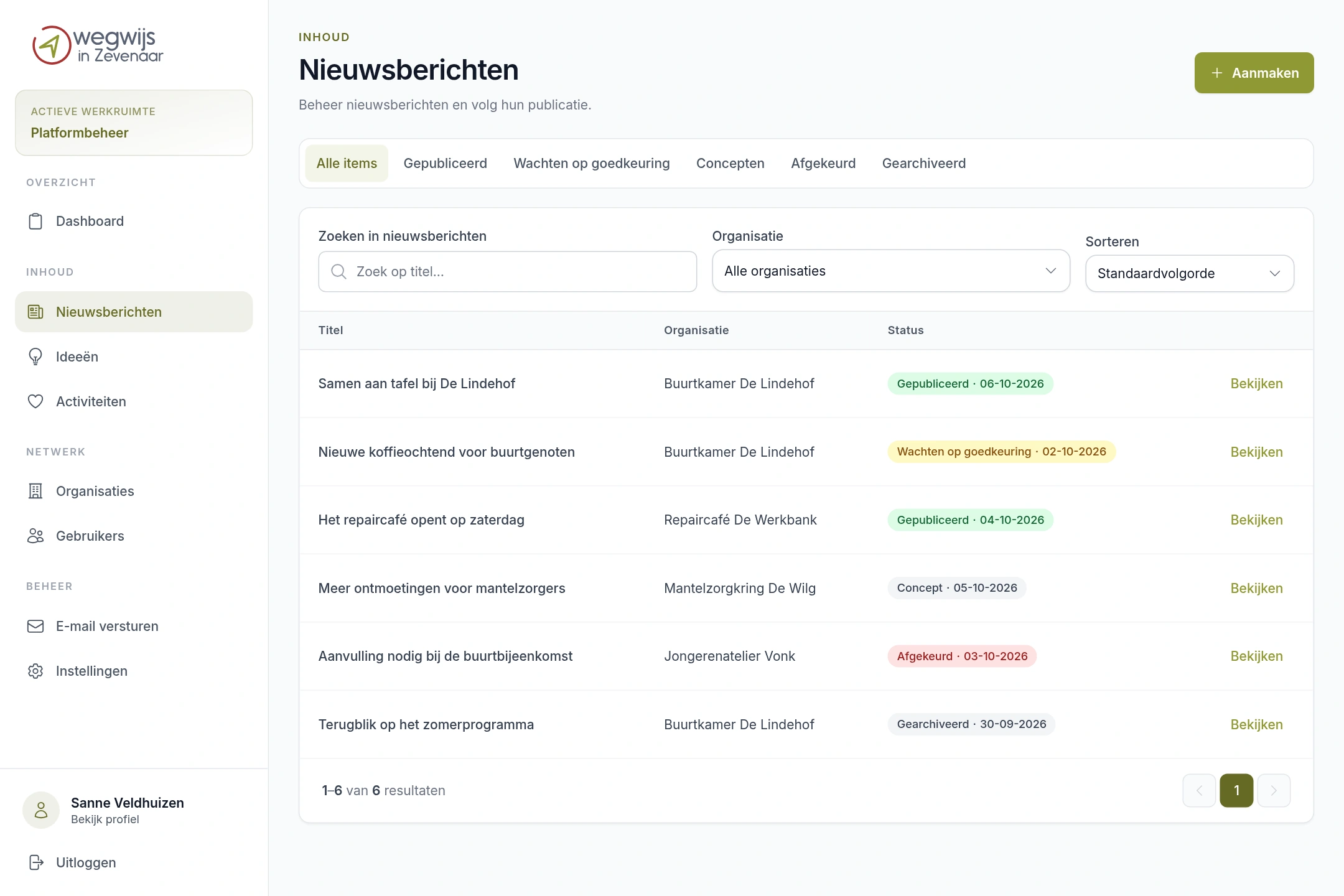 Het nieuwsoverzicht in platformbeheer met zoeken, organisatie- en statusfilters en nieuwsberichten met verschillende publicatiestatussen.